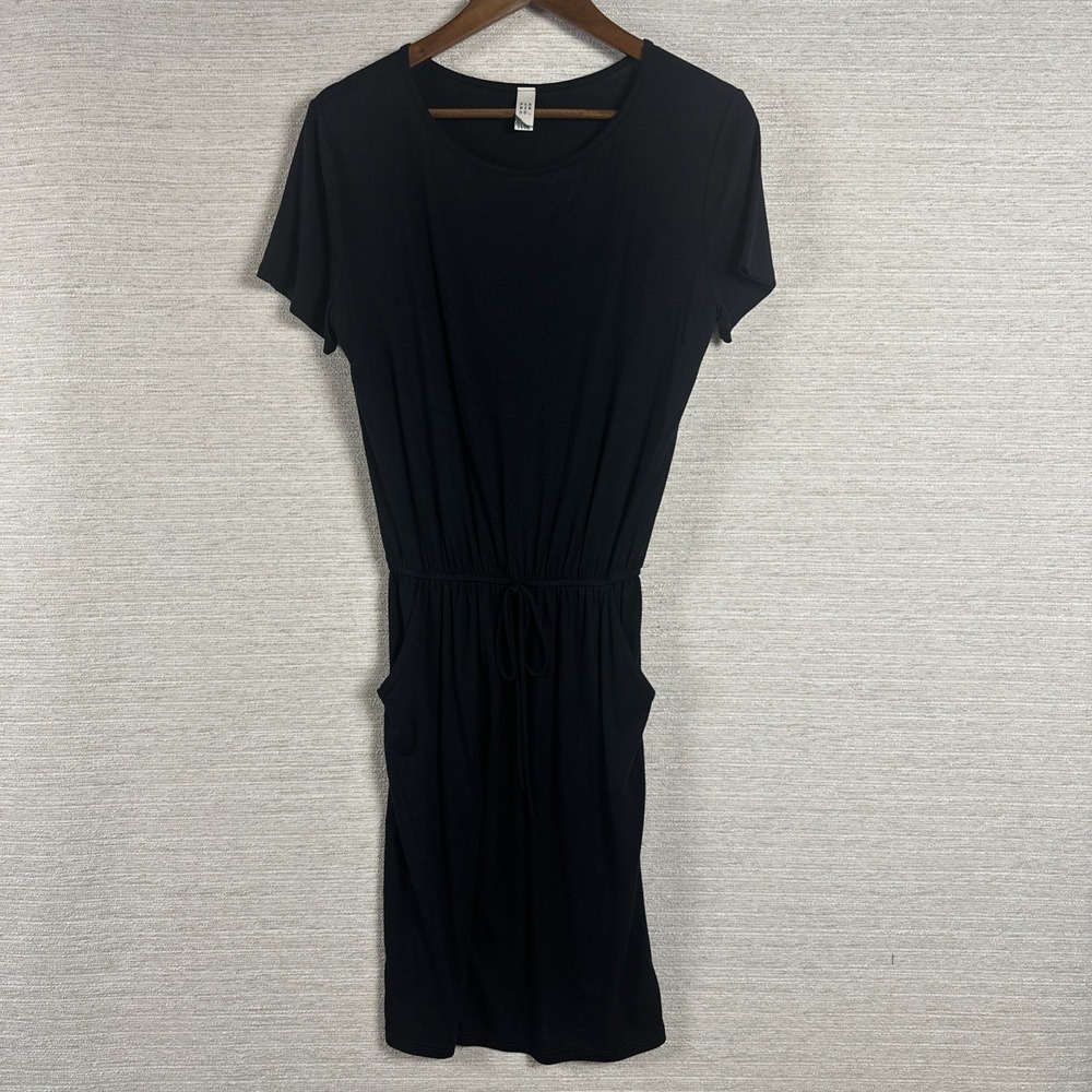 Black Midi Dress Drawstring Waist Pockets Minimalist Casual T Shirt Dress Travel